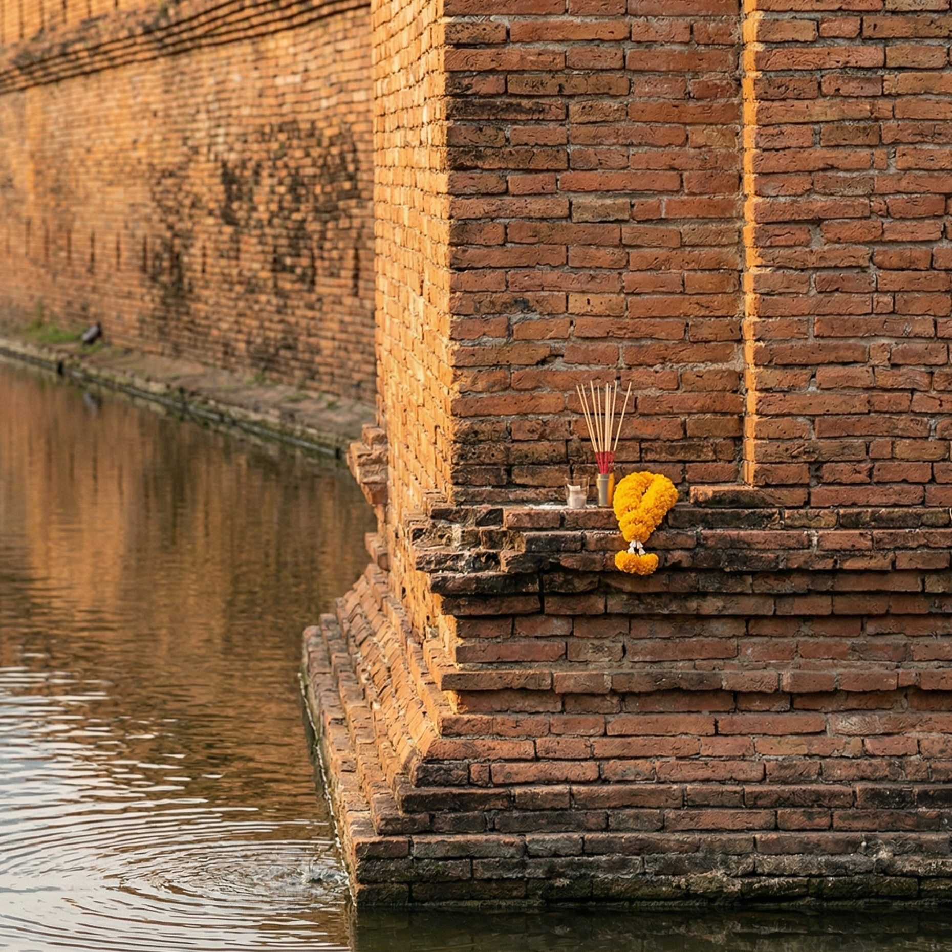 Offerings at Chiang Mai's ancient city wall and moat, lit by golden light.