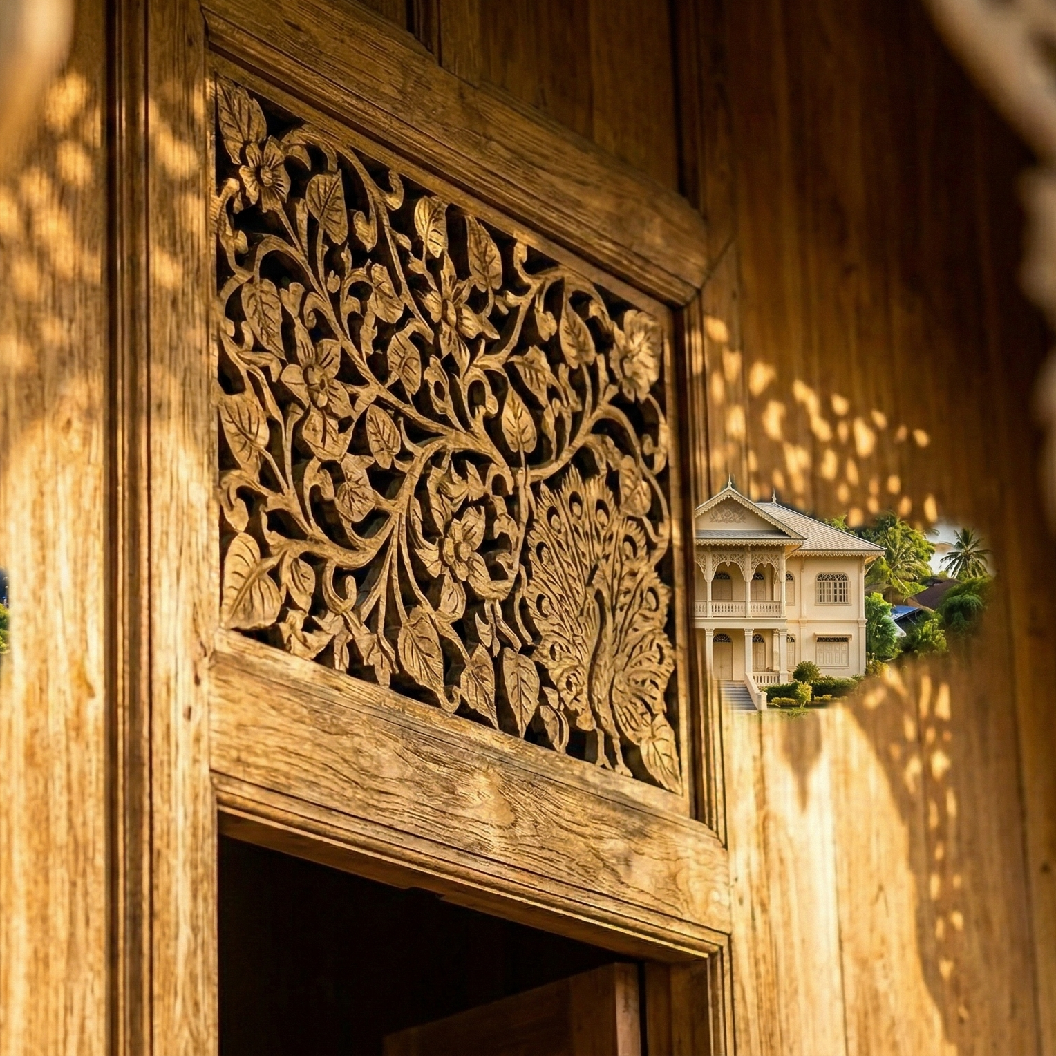 Ornate teak wood carving detail in Phrae, Thailand, reflecting a traditional teak palace.