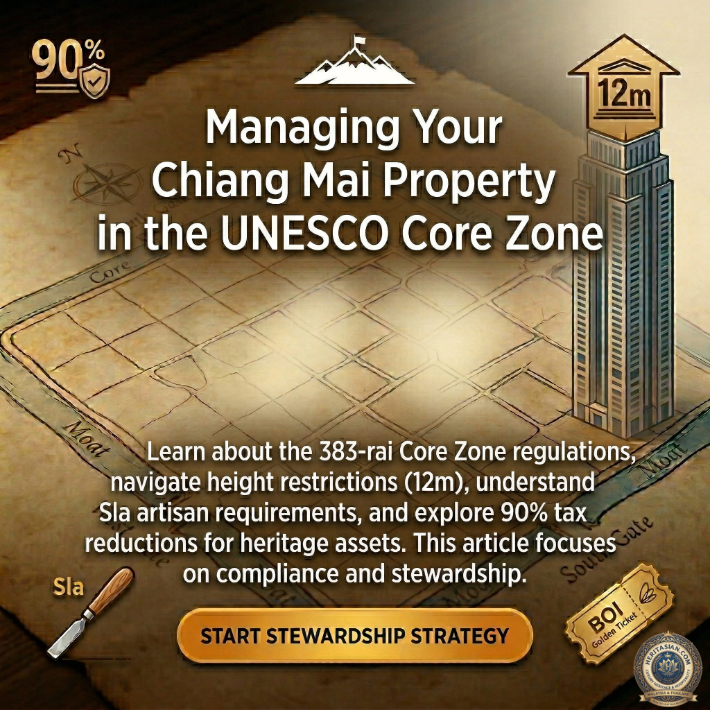 Managing Chiang Mai UNESCO Core Zone property: regulations, height restrictions (12m), artisan requirements, 90% tax reductions.