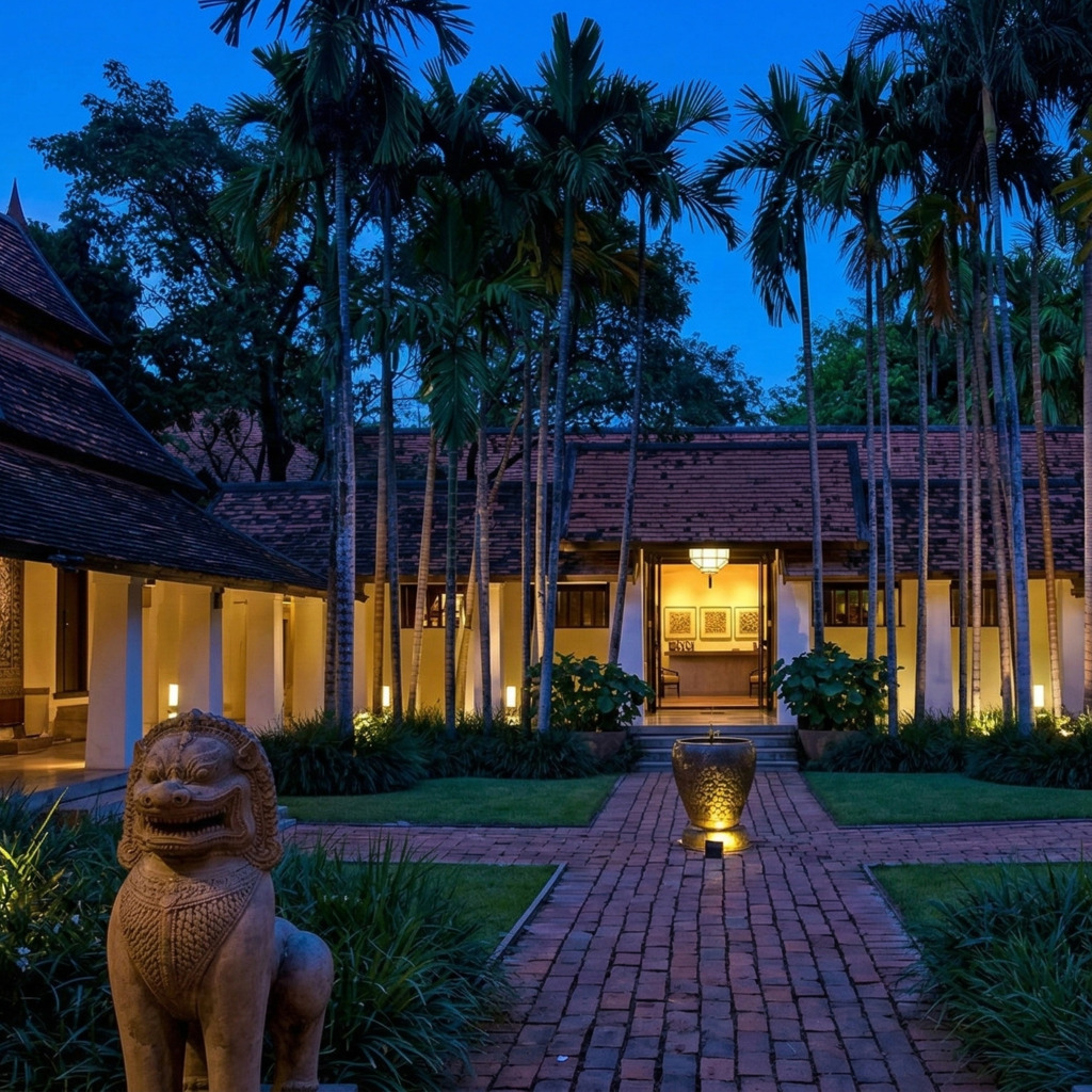 Ratchamankha Hotel entrance at dusk, Chiang Mai, featuring a stone lion and traditional Thai architecture.