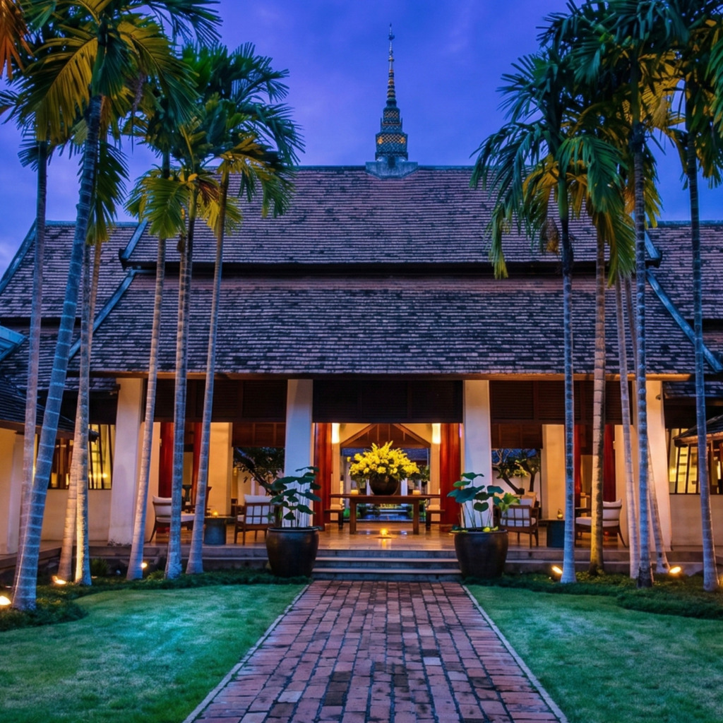 Ratchamankha Hotel entrance: Traditional Thai building with palm trees and brick pathway at dusk.