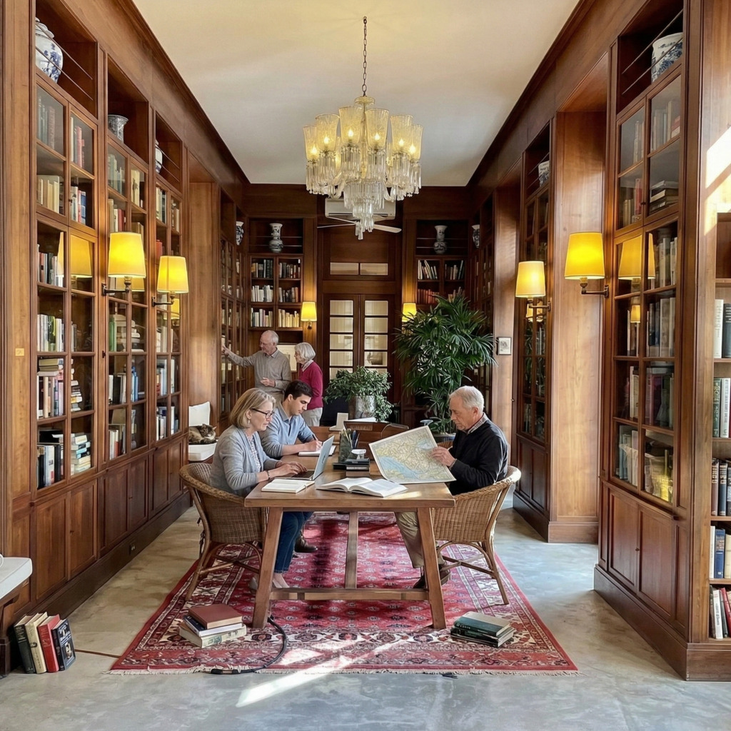 Ratchamankha Hotel library: People reading and working at a table surrounded by wooden bookshelves.