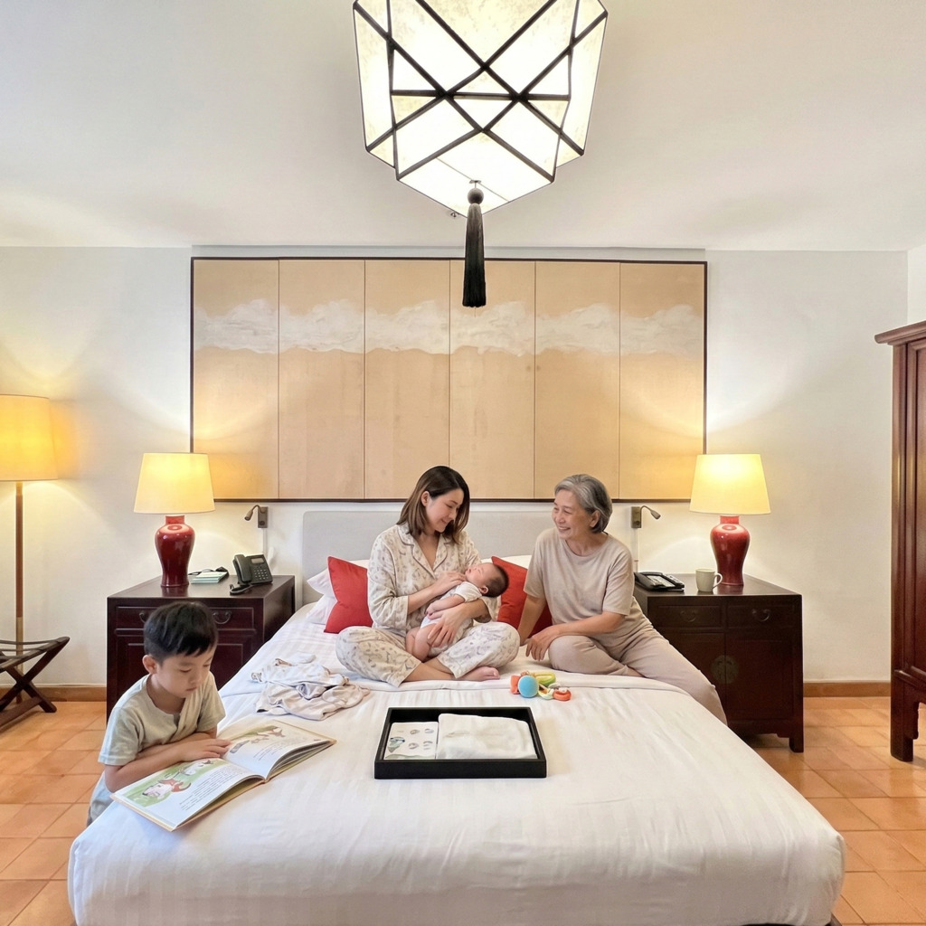 Family in Ratchamankha Hotel room: mother holds baby, grandmother smiles, child reads on bed.