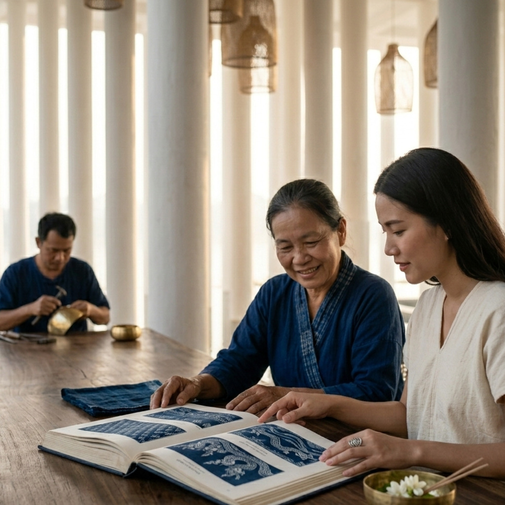Two women examine a book of Lanna textiles at Raya Heritage, while a craftsman works in the background.