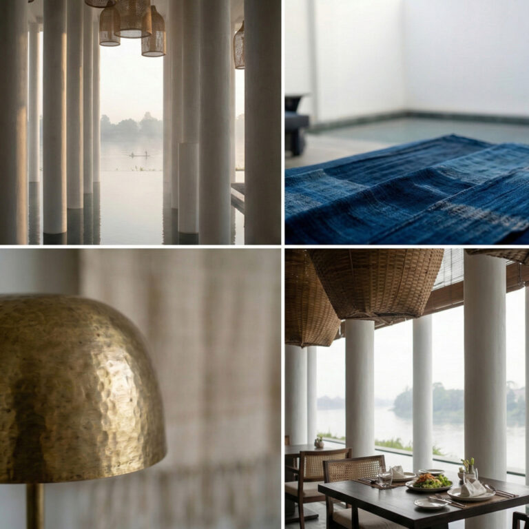 Raya Heritage resort columns overlooking river, Lanna style