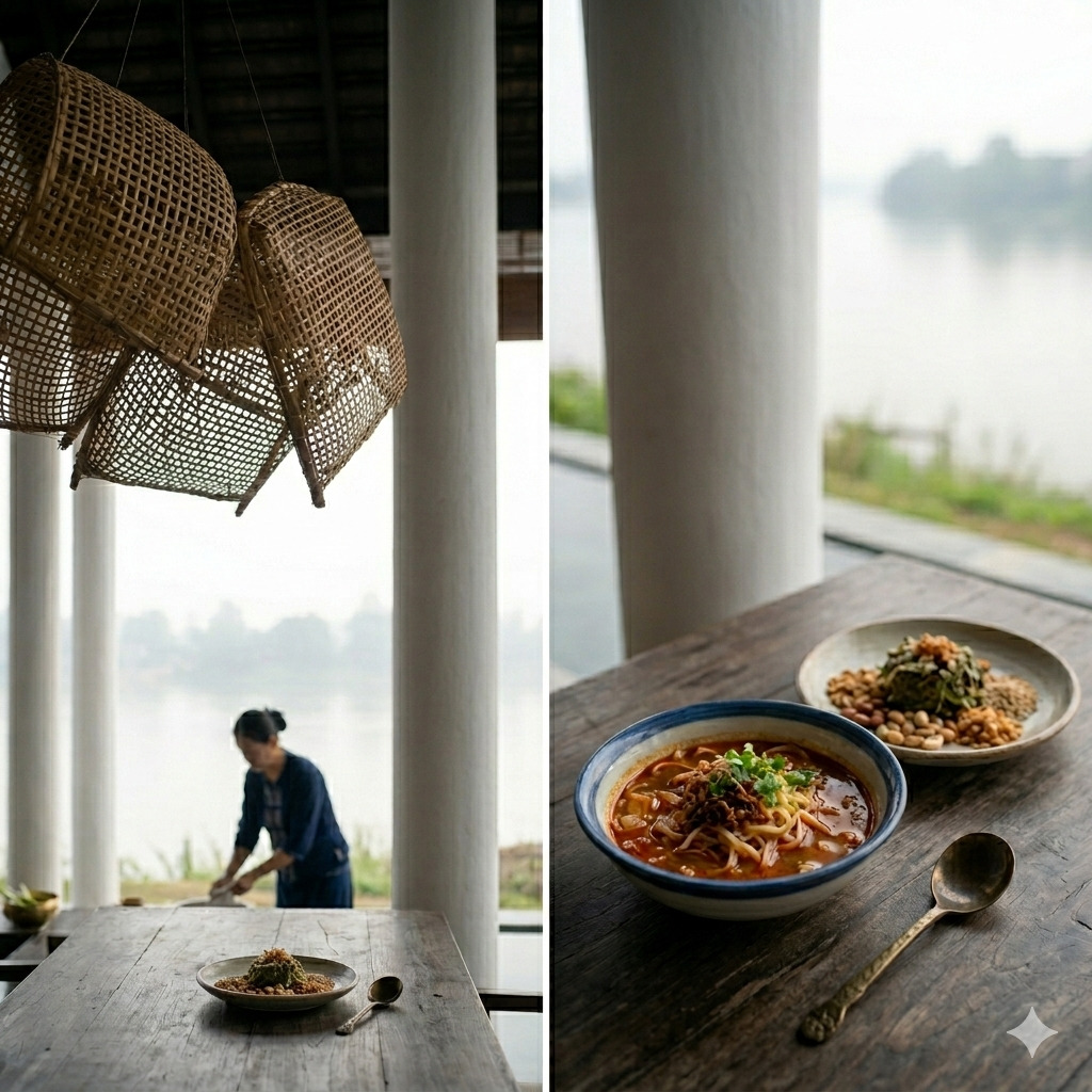 Raya Heritage restaurant: Noodles by the river with Lanna-style decor and a server in the background.