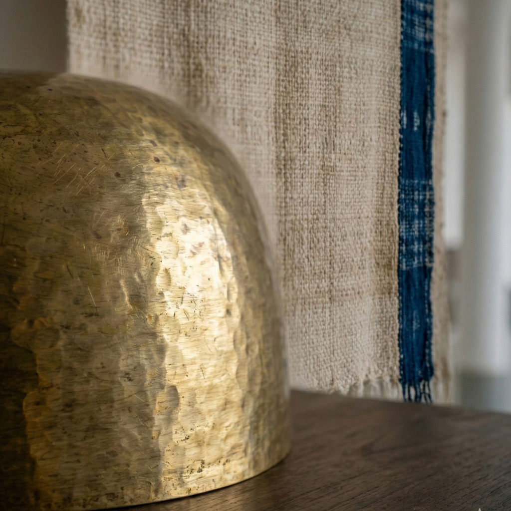 Brass singing bowl and textured fabric at Raya Heritage