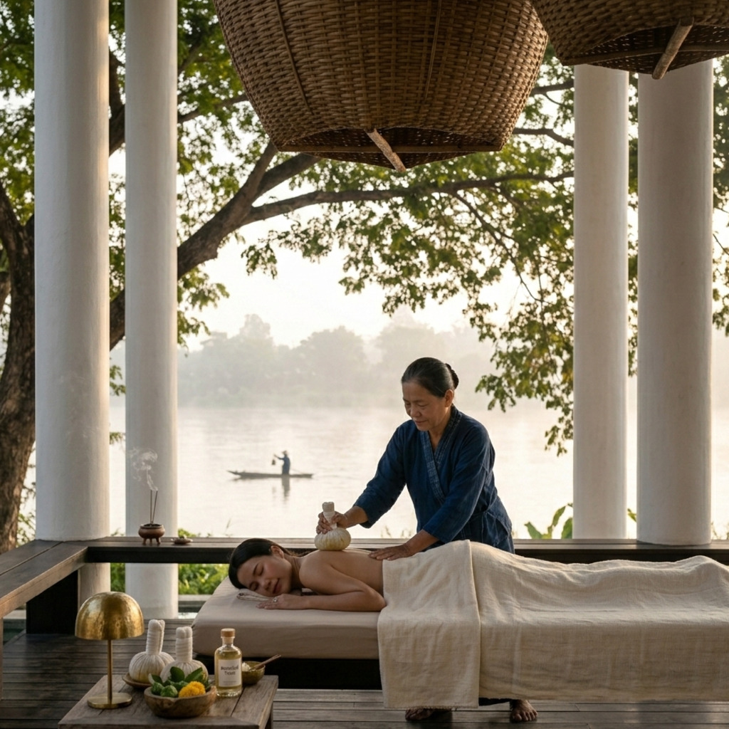 Fisherman casting net at Raya Heritage resort, Chiang Mai. Serene riverfront scene with elegant columns.