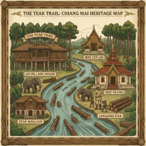 Chiang Mai Teak Trail UNESCO Heritage map: buildings, elephants, Ping River, teak logs
