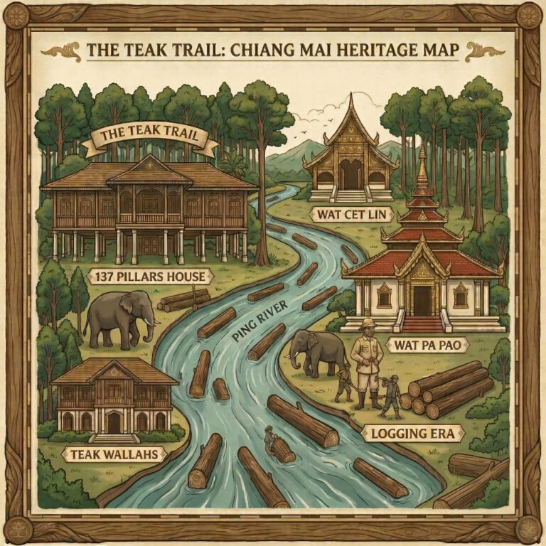 Chiang Mai Teak Trail UNESCO Heritage map: buildings, elephants, Ping River, teak logs