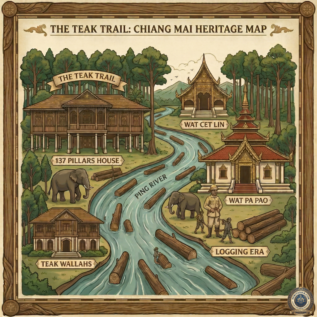 Chiang Mai's Teak Trail map: Buildings, elephants, and logs float down the Ping River.