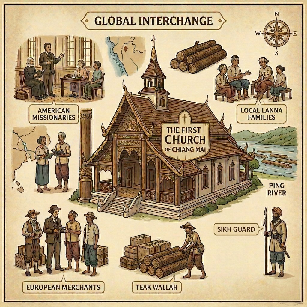 The First Church of Chiang Mai, showcasing global interchange with missionaries, merchants, and local Lanna families.