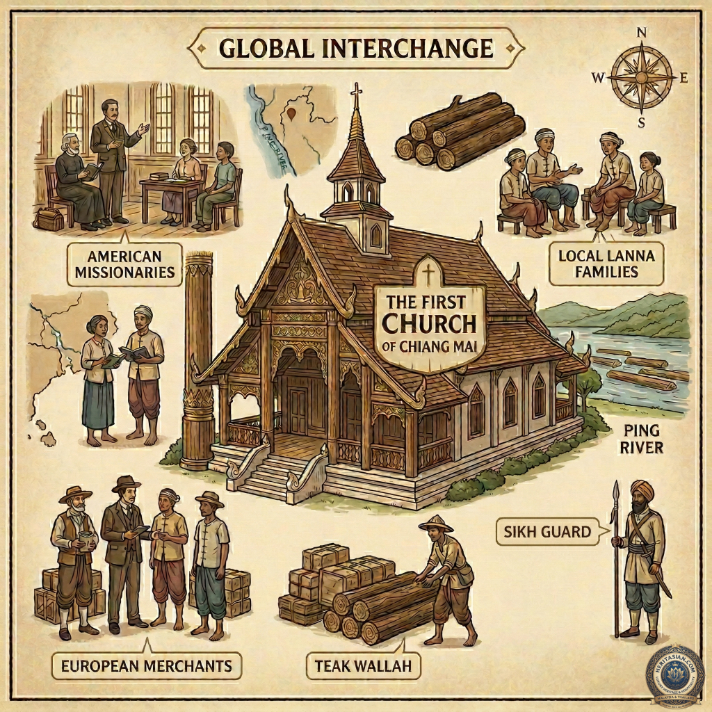 The First Church of Chiang Mai, showcasing global interchange with missionaries, merchants, and local Lanna families.
