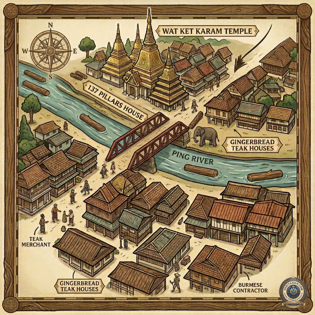 Map of Chiang Mai's teak logging era, featuring Wat Ket Karam Temple and the Ping River.