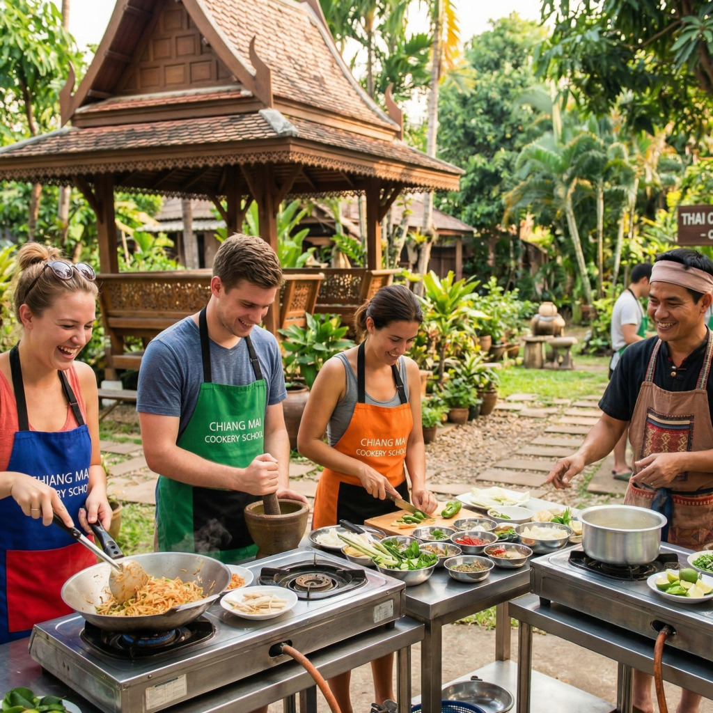 Thai cooking class in Chiang Mai: Students learn southeast-asian-heritage-dining with chef. "Chiang Mai Cookery School" visible.