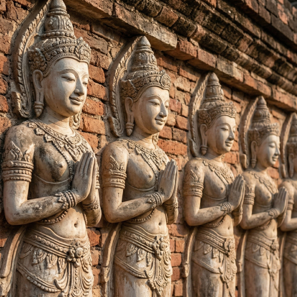 Lanna-style sculptures on a brick wall, reflecting the architectural details of Lanna's 15th-century think tank.