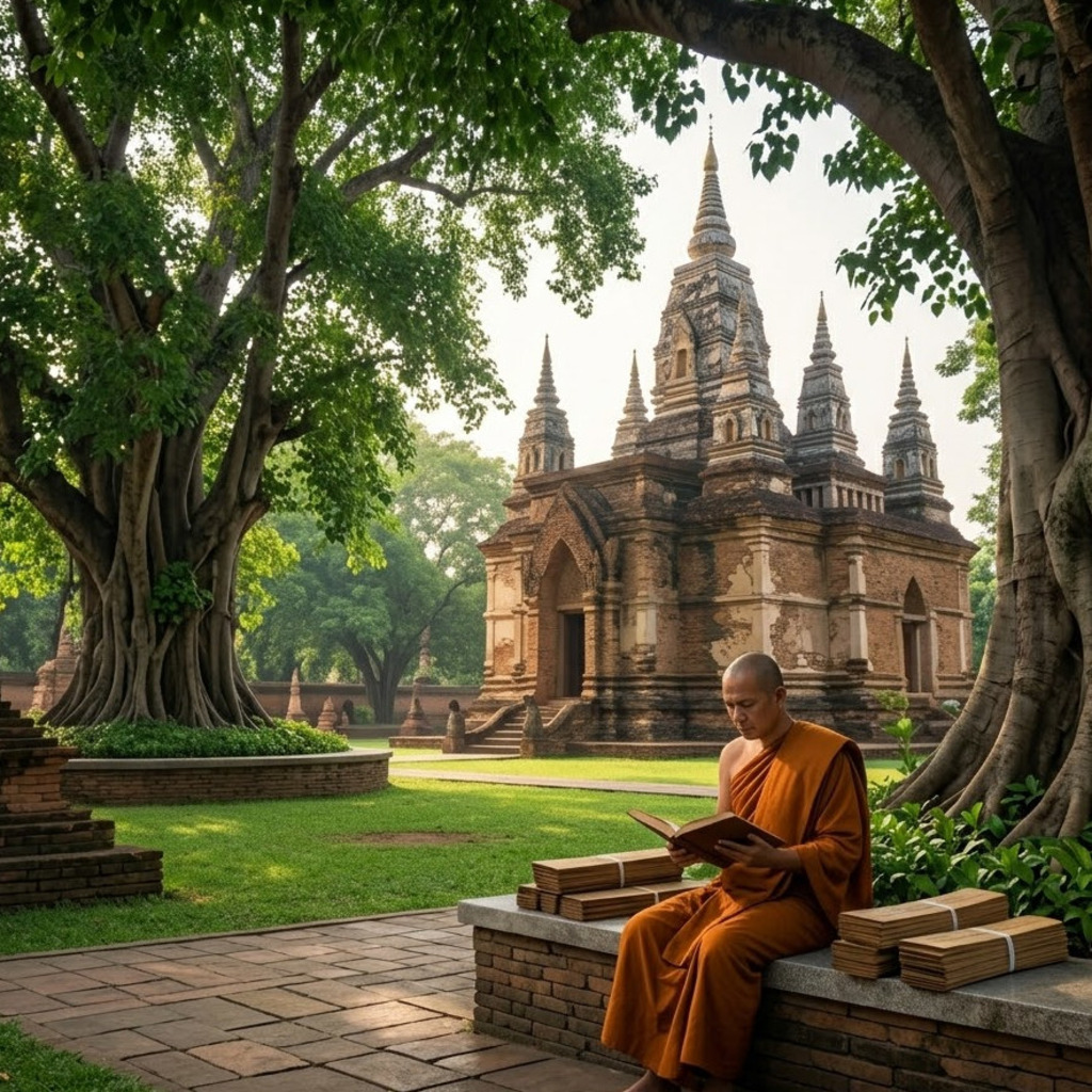 Monk reading at Wat Chet Yot, a 15th-century Lanna temple with seven spires in Chiang Mai, Thailand.
