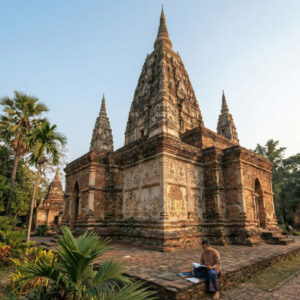 Wat Chet Yot temple complex in Chiang Mai, Thailand, with a person reading in the foreground.