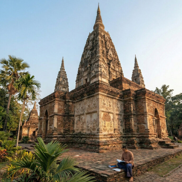 Wat Chet Yot temple complex in Chiang Mai, Thailand, with a person reading in the foreground.
