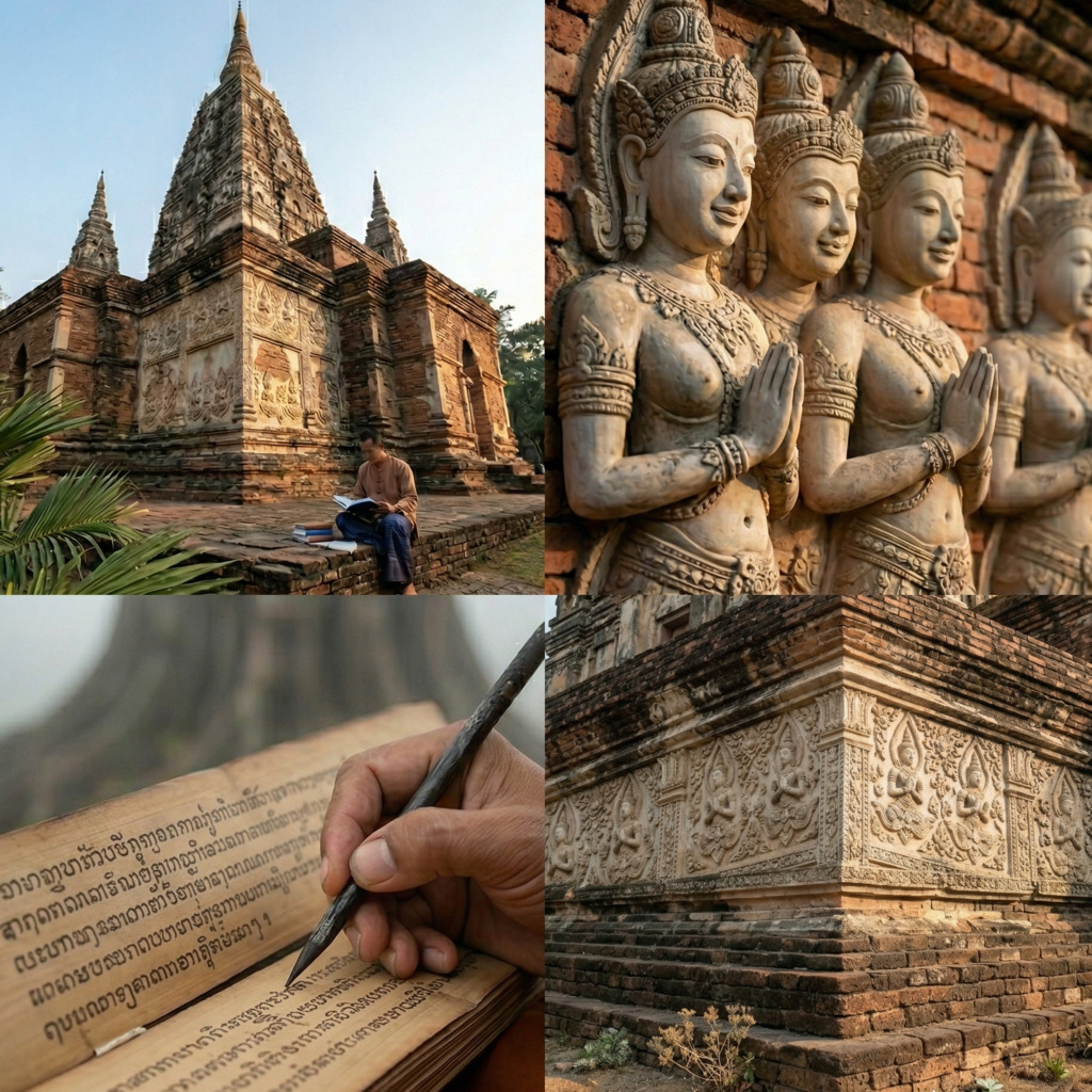 Bagan temple complex, Myanmar. Man reading a palm leaf manuscript. Ancient Buddhist statues and architecture details.