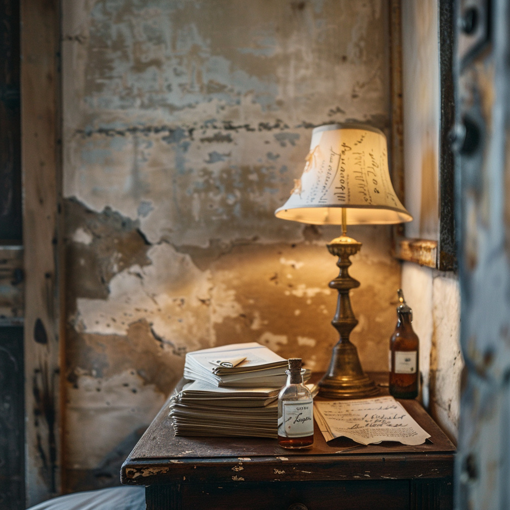 Antique desk with lamp, letters, and gin bottles, hinting at literary history.