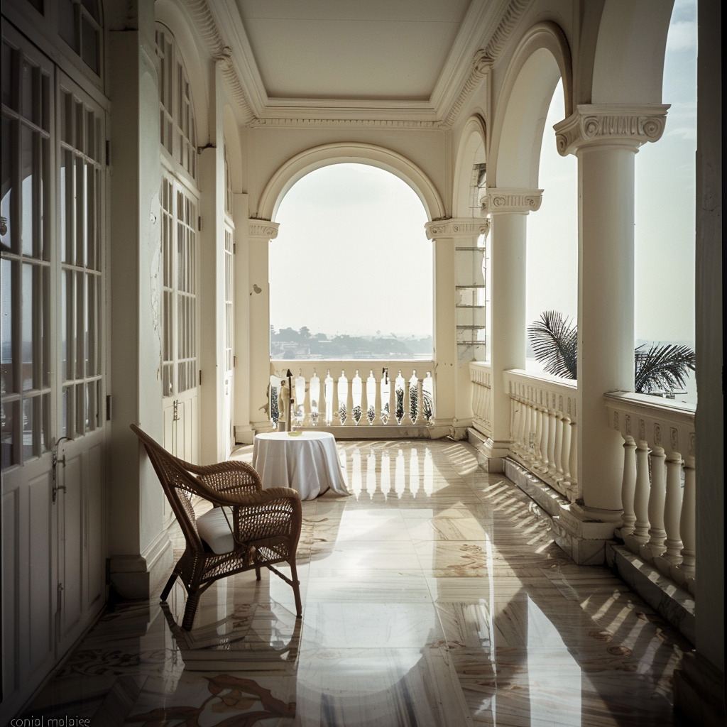 Ornate balcony with marble floor, columns, and distant sea view, reflecting the literary history of luxury hotels.