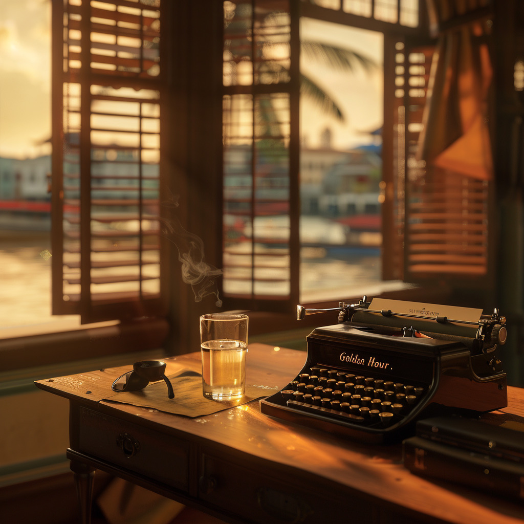Vintage typewriter on a wooden desk with a drink, bathed in golden light near a window overlooking the water. "Golden Hour" is on the typewriter.