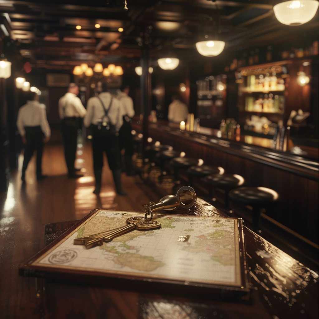 Map and keys on a bar, evoking literary history of luxury hotels.