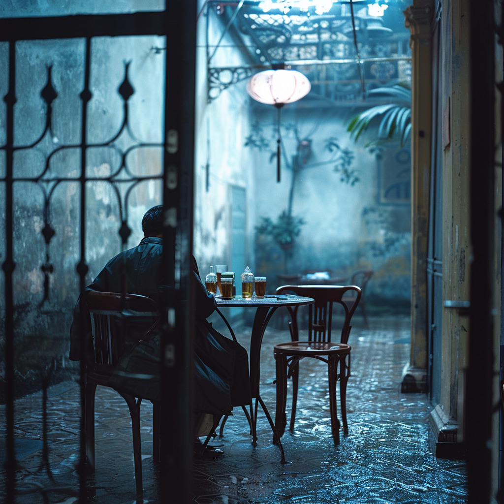 Rainy courtyard scene with a figure seated at a table, lantern hanging above. Literary history of luxury hotels.
