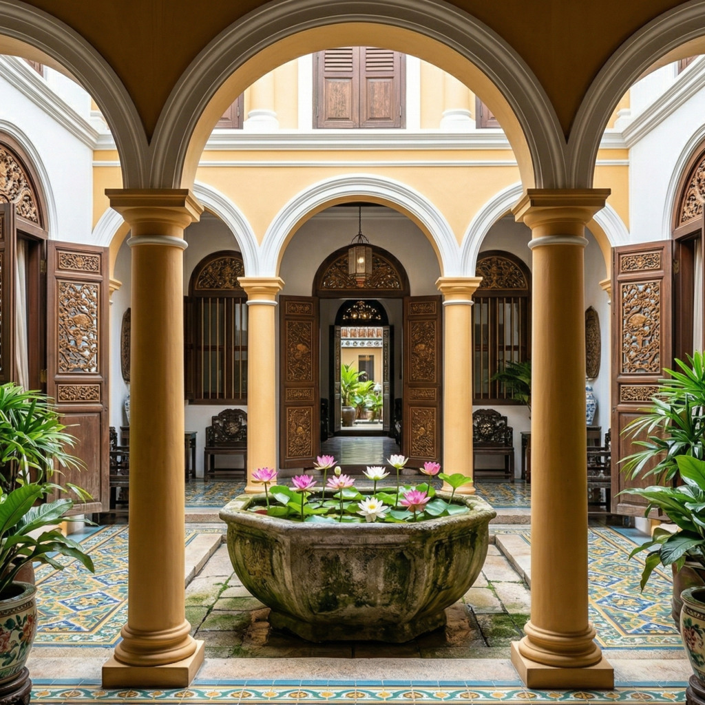 Straits Eclectic mansion courtyard with lotus pond, ornate arches, and detailed woodwork.