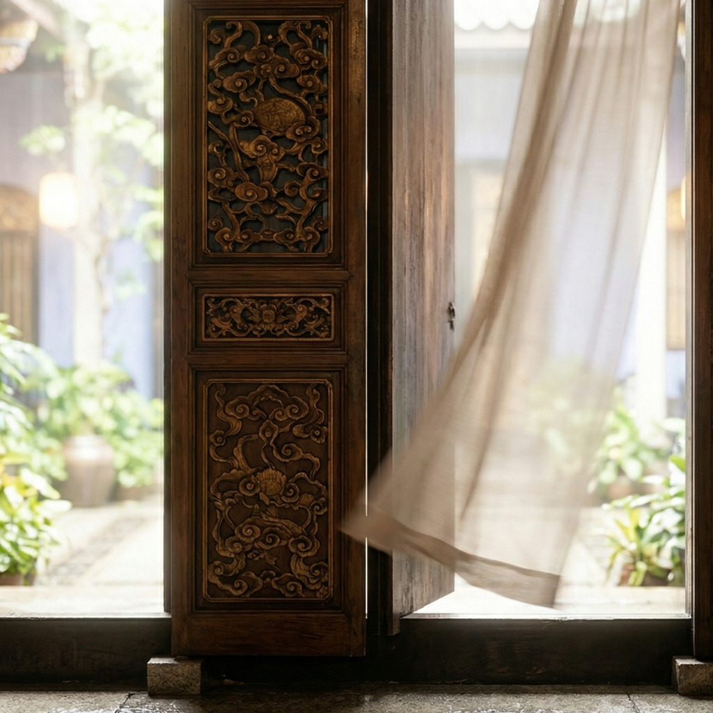 Ornate wooden door of a Straits Eclectic mansion open to a courtyard, curtain blowing in the breeze.