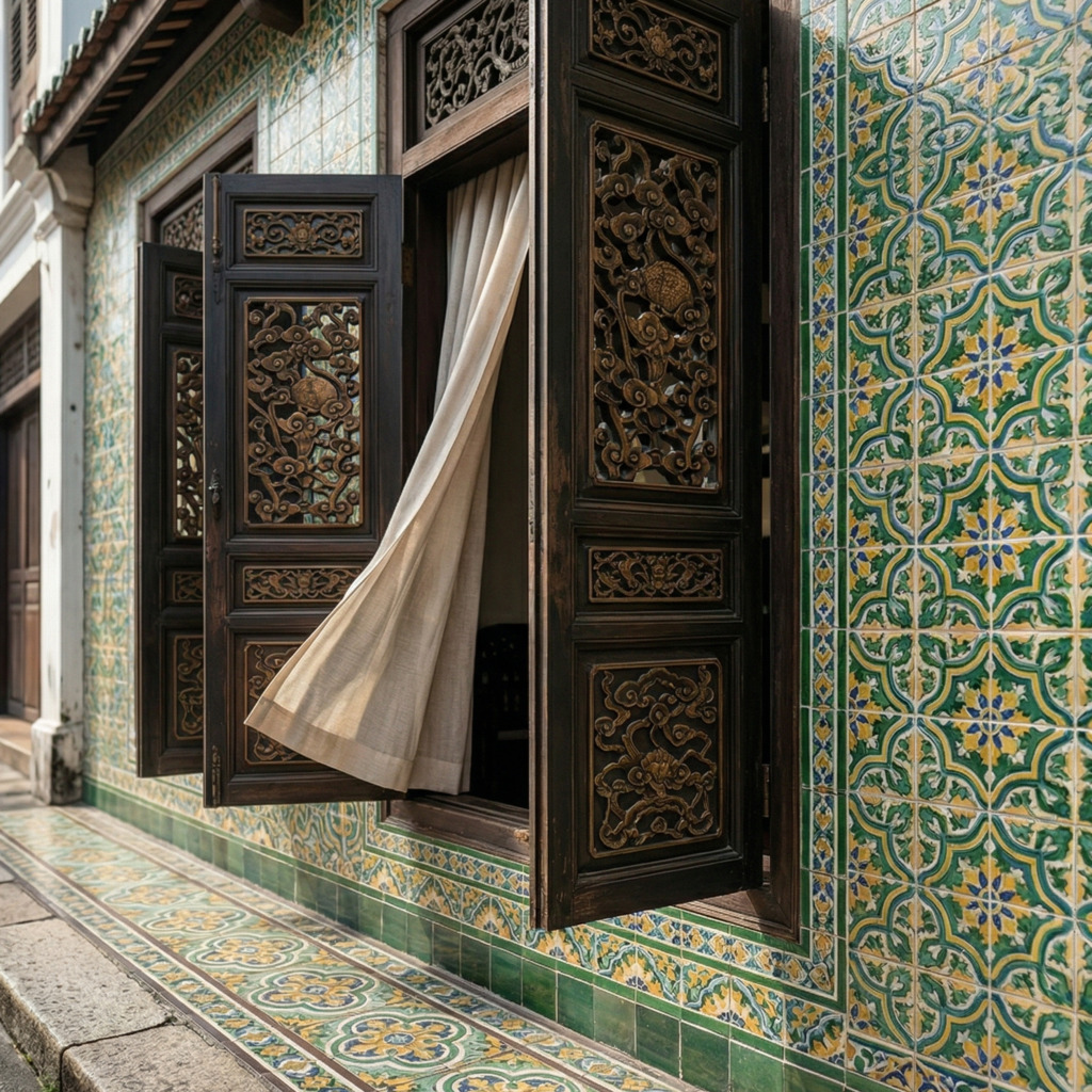 Ornate Straits Eclectic mansion window with carved shutters and colorful tiles.