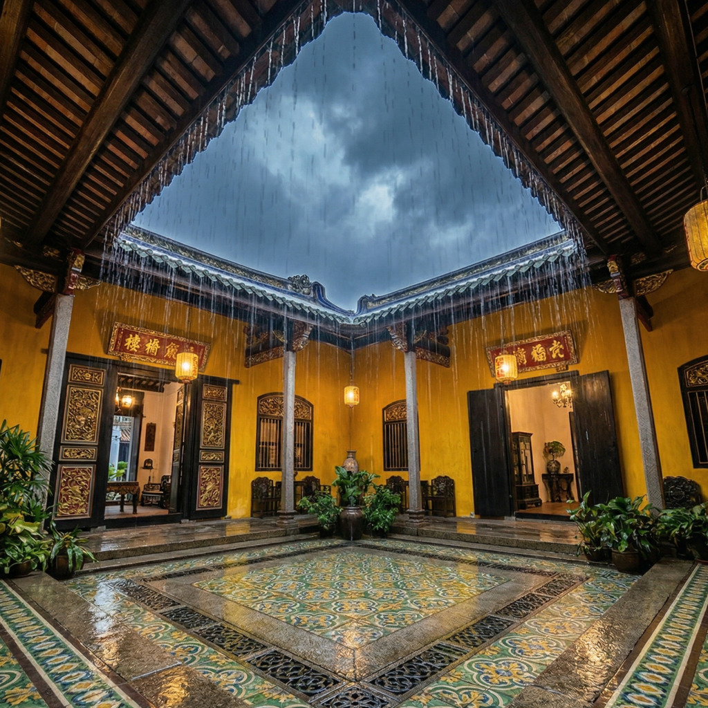 Rain falling in the courtyard of a Straits Eclectic mansion with yellow walls and ornate tile flooring.