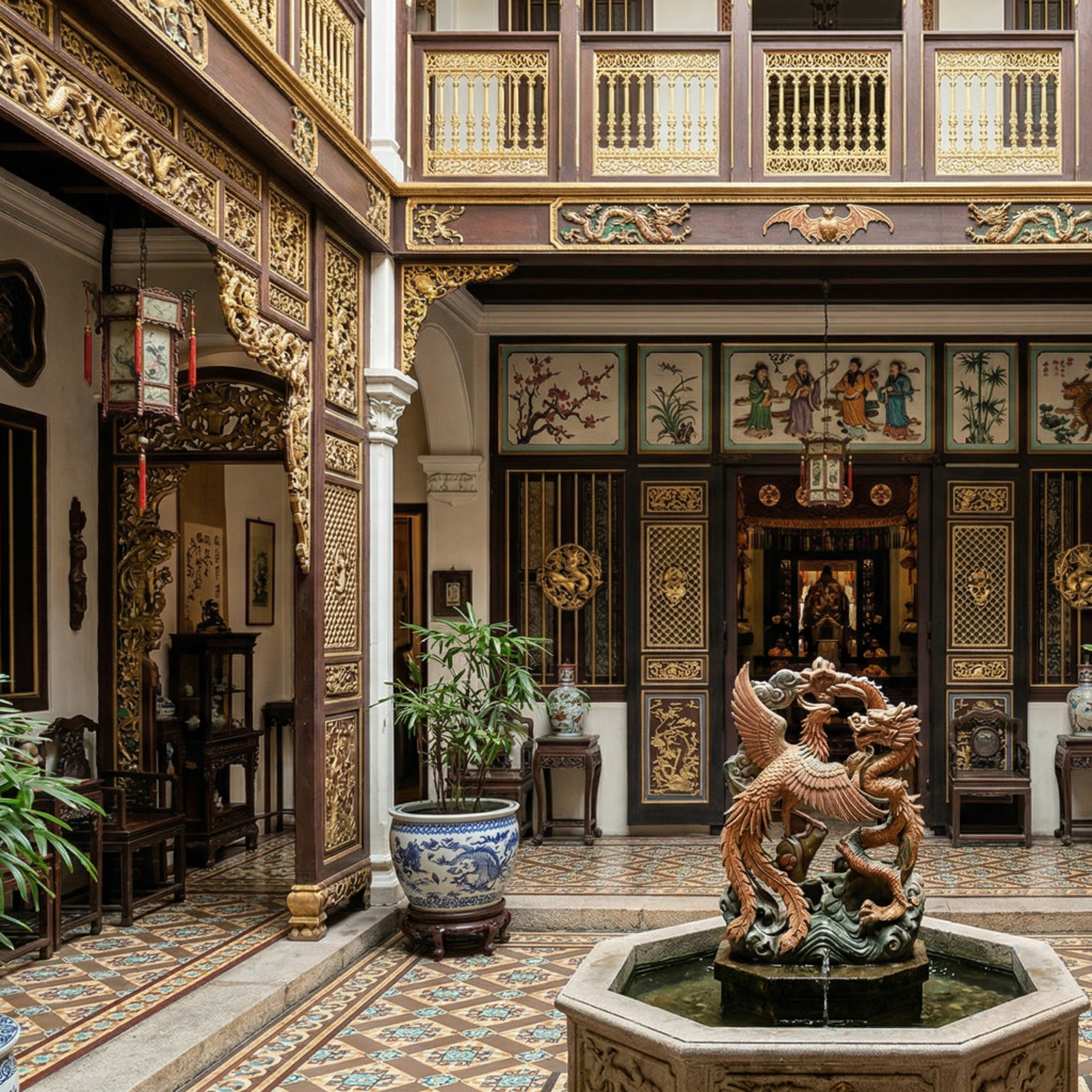 Ornate Straits Chinese Feng Shui design courtyard with a phoenix fountain and traditional architecture.