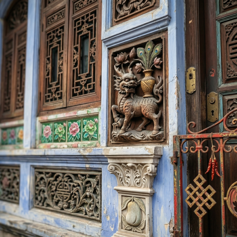 Elaborate carving of a foo dog with peacock feathers in a vase, adorning a Chinese mansion in Southeast Asia.