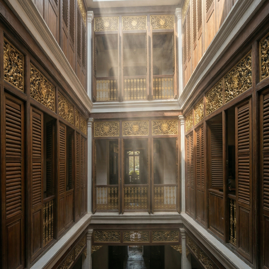 Courtyard of a Southeast Asian Chinese mansion featuring ornate wood carvings and light streaming from above. Fengshui design.