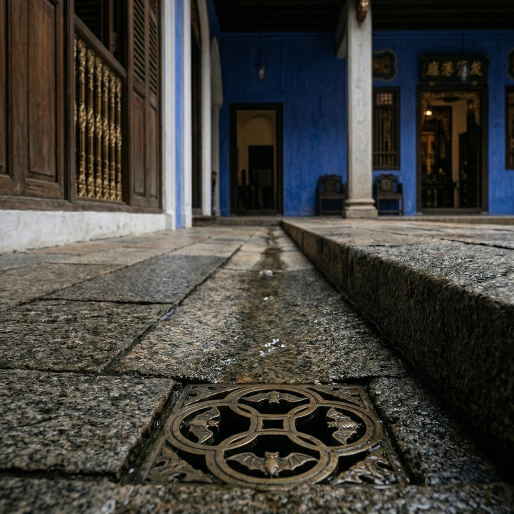 Ornate drain cover in a courtyard of a Chinese mansion in Southeast Asia, showcasing fengshui elements.