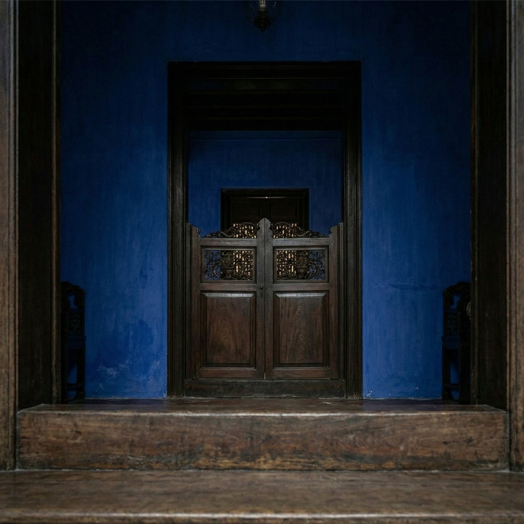 Ornate wooden doors against a deep blue wall in a Chinese mansion courtyard. Fengshui design.