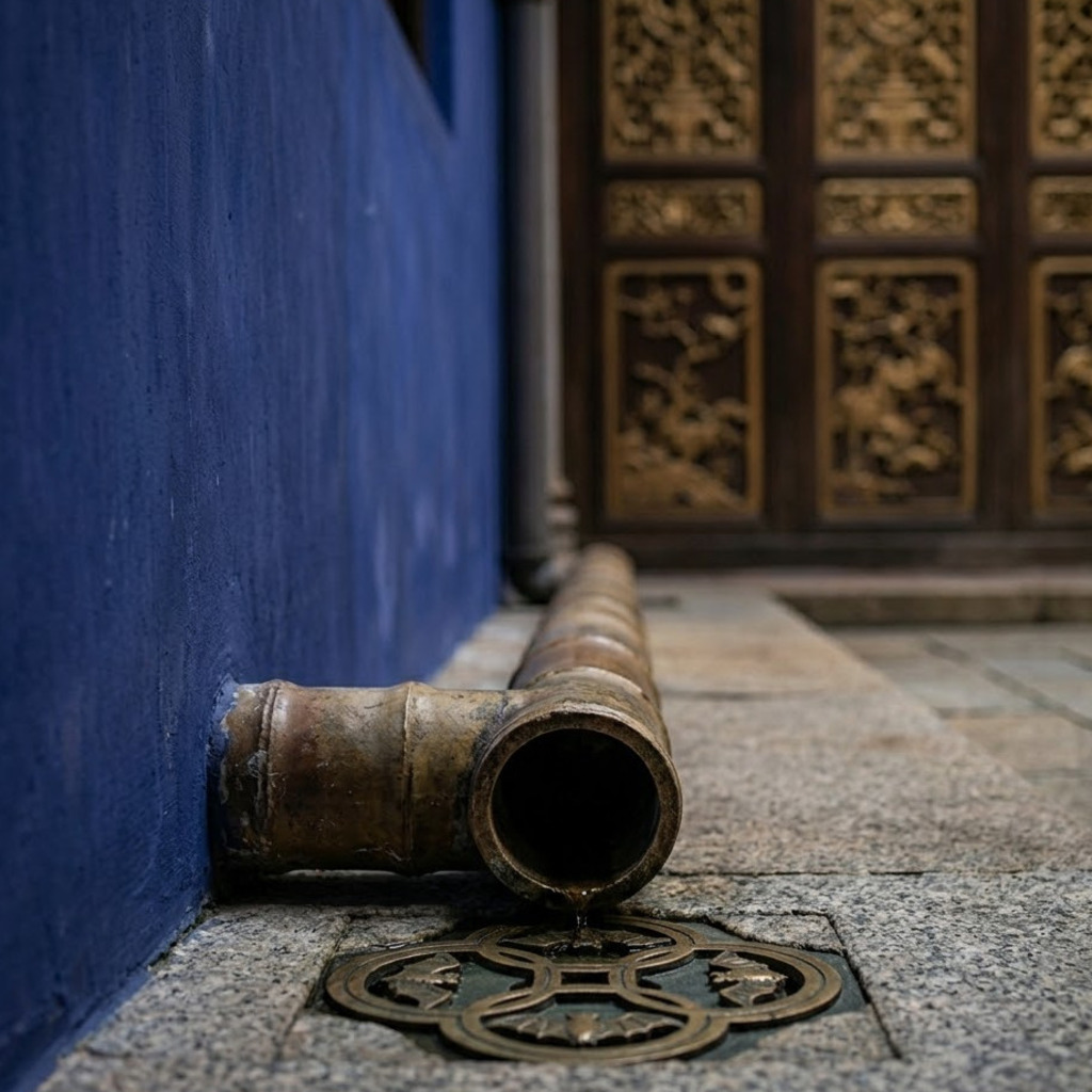 Ornate drain cover with bat design in a Southeast Asian courtyard, reflecting Fengshui elements in Chinese mansions.