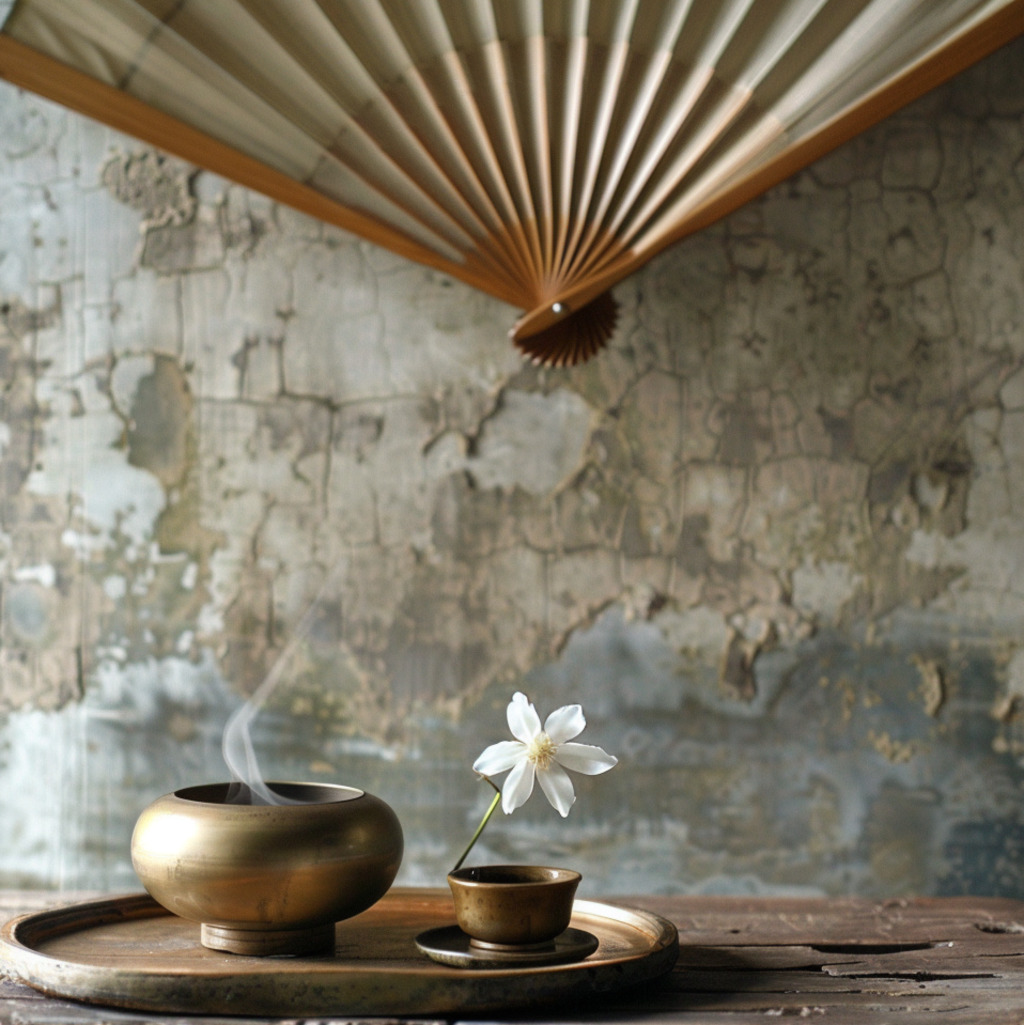 Brass bowl with smoke, white flower, and fan above distressed wall