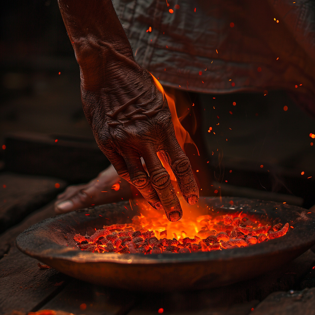 Burning coals in a censer with a blurred Buddhist temple in the background.