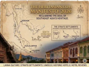 The Heritasian.com Manifesto 2026: Reclaiming Southeast Asia's heritage. Map of region and Straits Settlements detail.