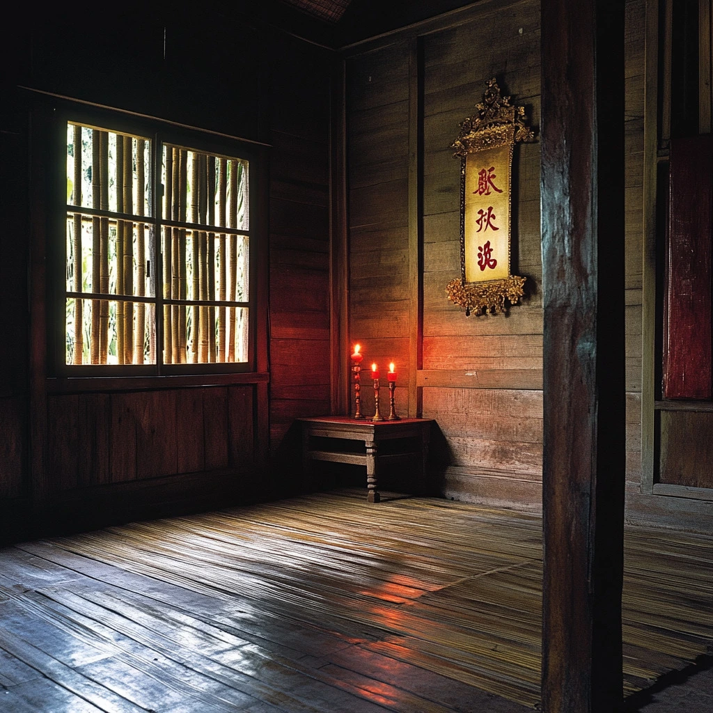 Elegant Malaysian Creole hallway with patterned floor and antique cabinet