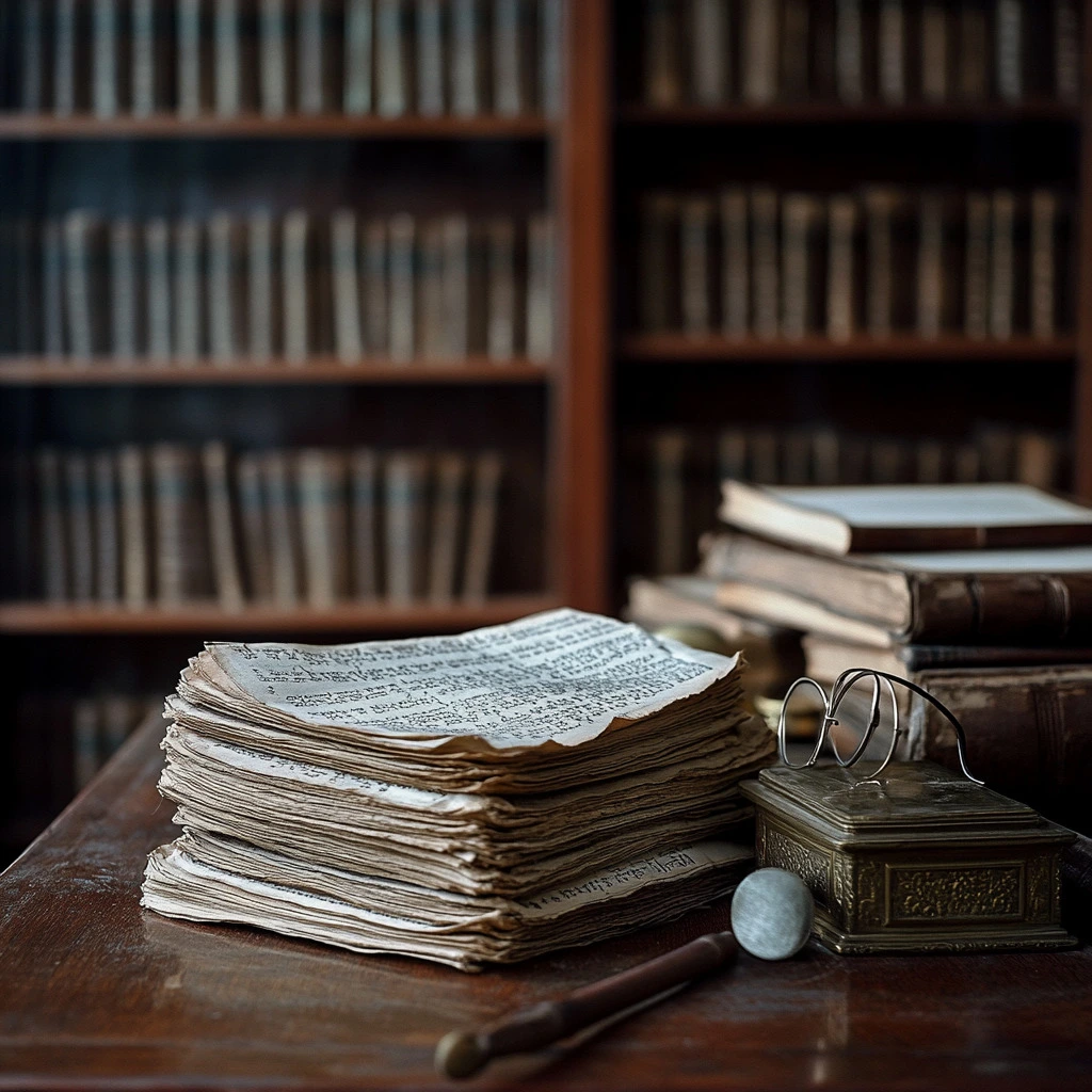 Stack of old papers and books on a wooden desk, with bookshelves in the background.