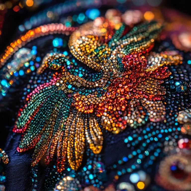 Intricate beaded embroidery of a phoenix, reflecting Creole cultures of Malaysia.