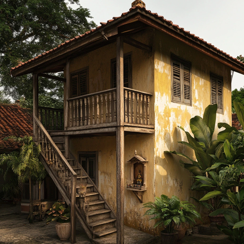 Yellow colonial house with wooden stairs, lush plants, and traditional shutters.