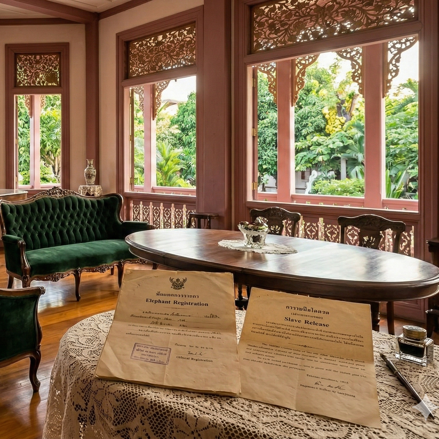 Elephant Registration and Slave Release documents in a Phrae teak palace.