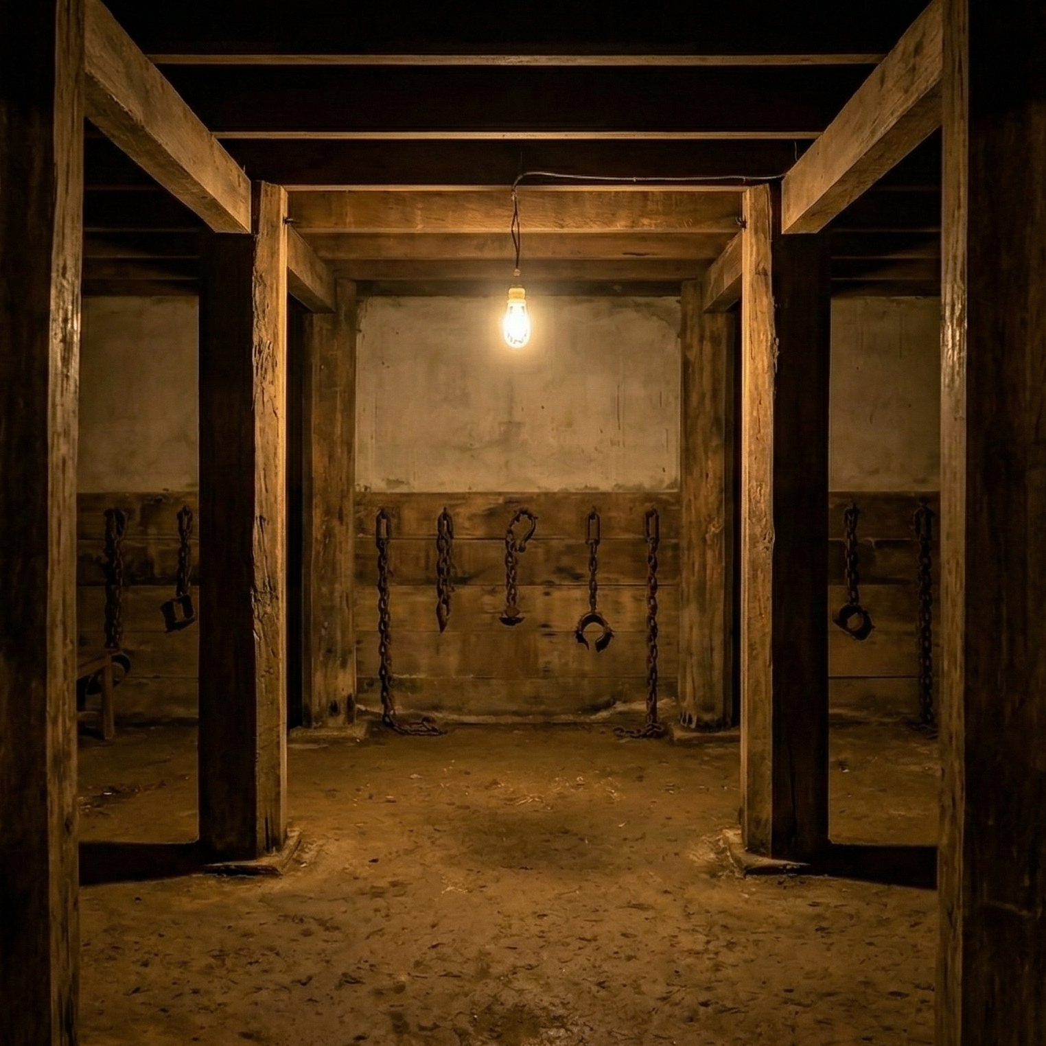 Creepy dungeon with hanging chains and a single lightbulb.