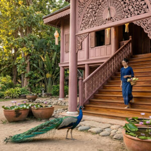 Woman descends teak palace stairs in Phrae, Thailand, with a peacock in foreground. Northern Thailand architecture.