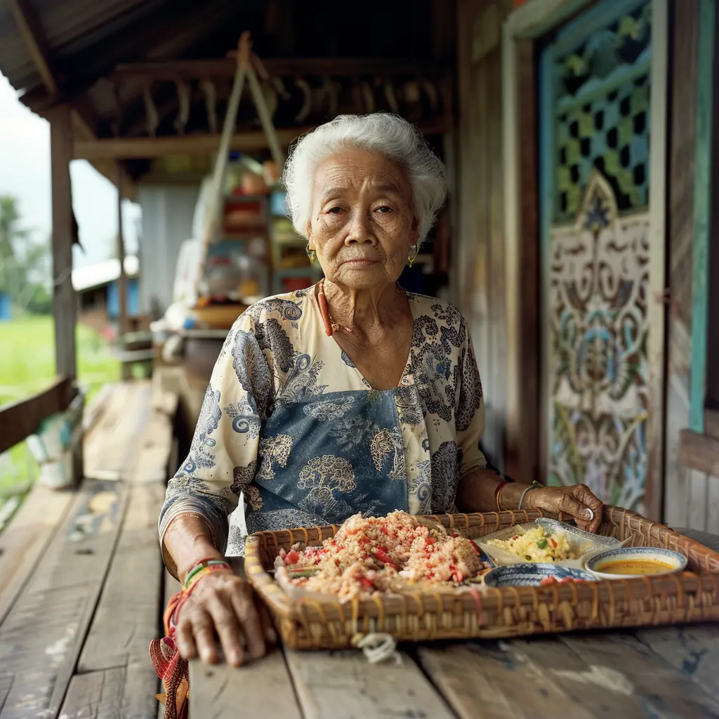 Elderly woman with tray of rice, representing Creole cultures of Malaysia.